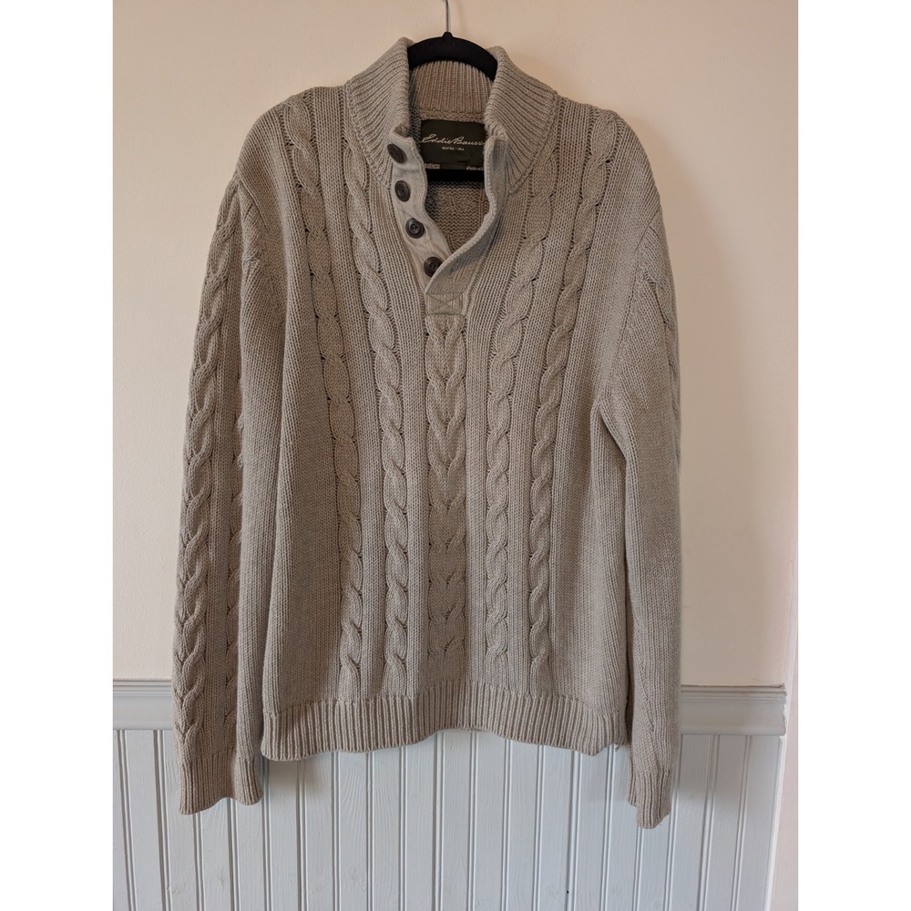 Vintage Eddie Bauer Chunky Knit Sweater Men XL Beige Fisherman 90s Cabin Grandpa